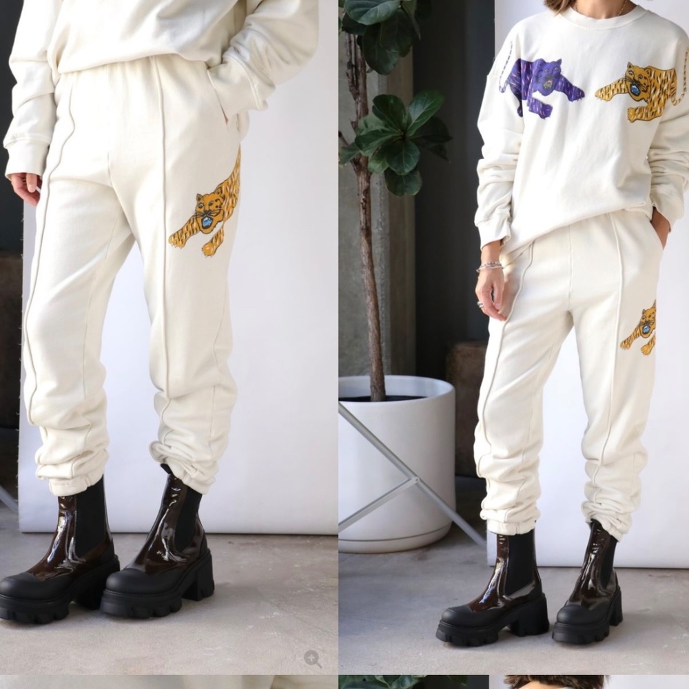 Raquel Allegra Tiger Print Cotton Sweatshirt & Tuxedo Pants Set M